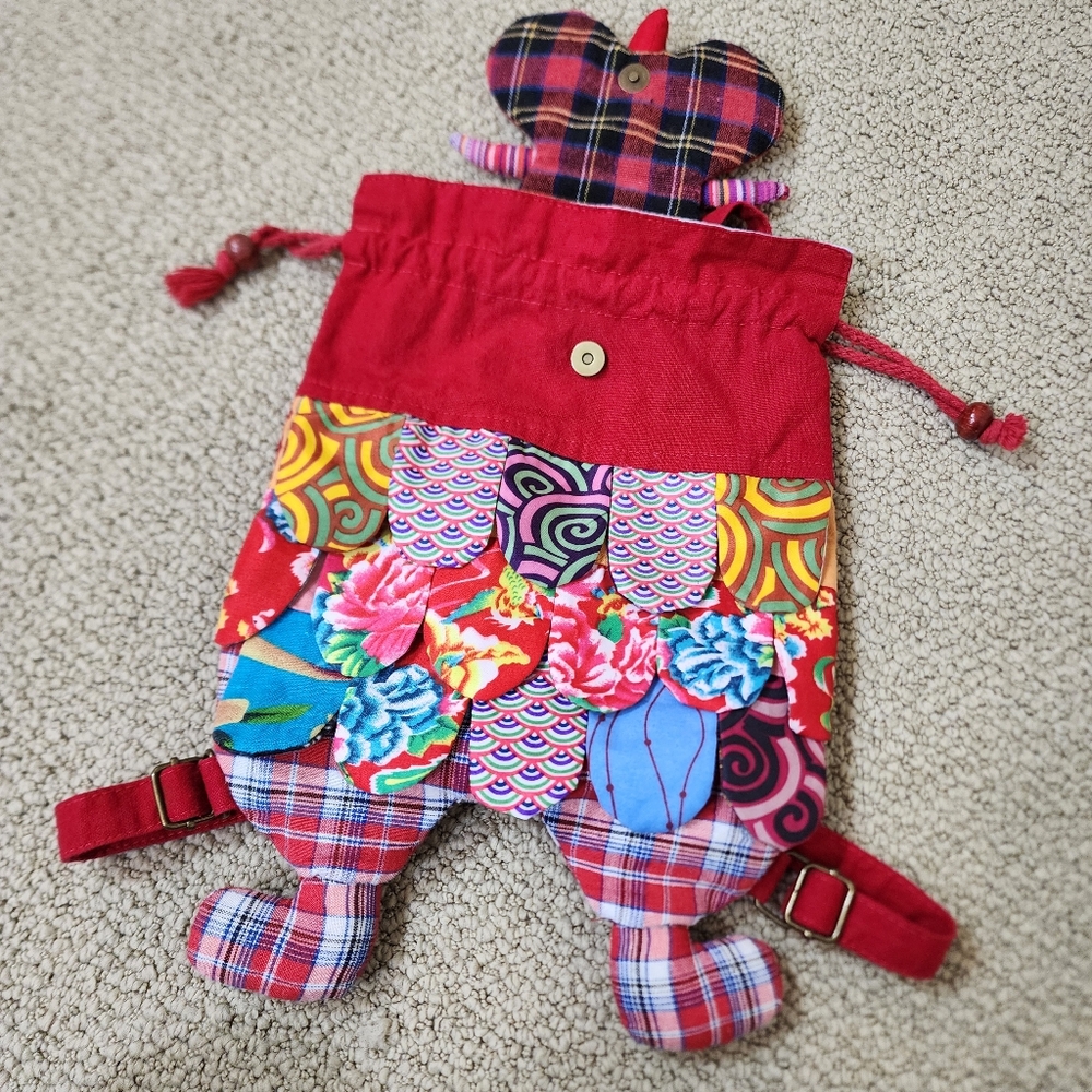 ​Handmade Patchwork Owl Mini Backpack Drawstring Boho Kidcore Red OS - Picture 3 of 9